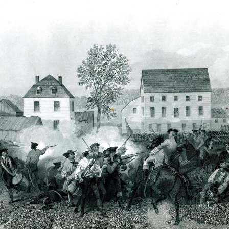 Ein Kupferstich zeigt eine Szene des amerikanischen Unabhängigkeitskriegs 1775-83: Am 19. April 1775, nahe der Stadt Lexington (Massachusetts), findet der erste blutiger Zusammenstoß zwischen den Amerikanern und Engländern statt.