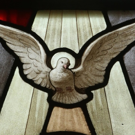 Eine Taube als Symbol des Heiligen Geistes auf einem Buntglasfenster in einer Kirche