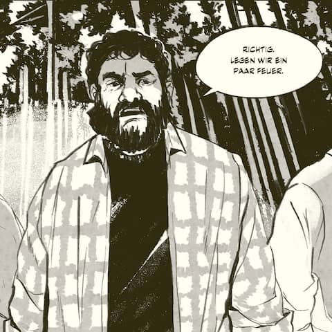 Szene aus der Graphic Novel "Rocky Beach": Die älter gewordenen Figuren aus "Die Drei ???" stehen in einem Wald. Eine Figur sagt "Richtig, legen wir ein paar Feuer."