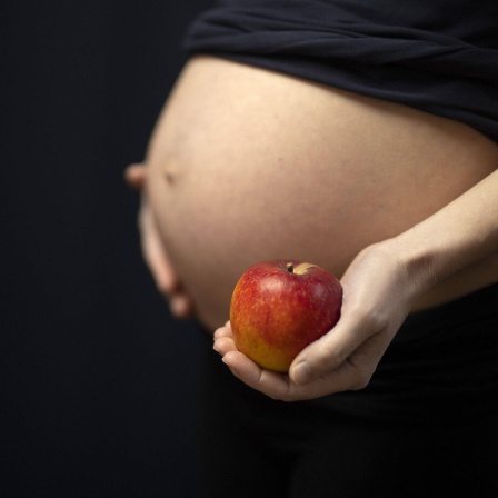 Ernährung während der Schwangerschaft: Frau hält einen Apfel vor Babybauch
