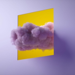 Digital generiertes Bild einer rosa Wolke, die durch eine Aussparung in einer Wand schwebt.