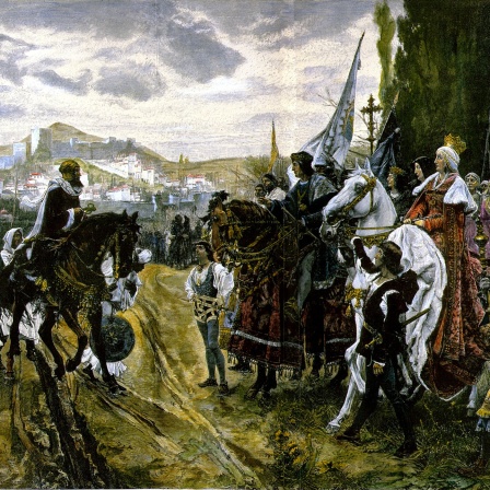 Übergabe des Stadtschlüssels: Eroberung Granadas am 2. Januar 1492 durch die katholischen Könige Ferdinand und Isabella nach zehnjährigem Krieg gegen die Mauren (Holzstich nach einem Gemälde von Francisco Pradilla y Ortiz)