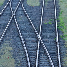 Bahngleise mit Weiche auf schwarzem Schotter, dazwischen wächst teilweise Gras.