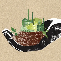 Illustration: Eine Mensch hält grüne Fabriken und Pflanzen in seiner Hand.