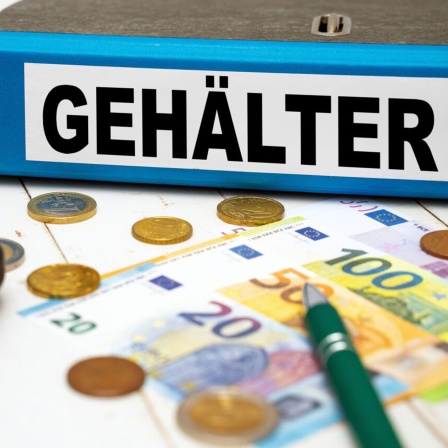 Gehälter steht auf einem blauen Aktenordner neben Geld-Scheinen und Euro-Münzen auf einem Schreibtisch (Bild: picture alliance/CHROMORANGE/Michael Bihlmayer)
