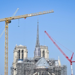 Blick auf die Baustelle Notre-Dame de Paris: In der Bildmitte ist die zum Teil eingerüstete Kathedrale zu sehen, links und rechts Baukräne.