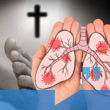 Kreuz an der Wand im Hintergrund, Hand mit skizziertem Organ