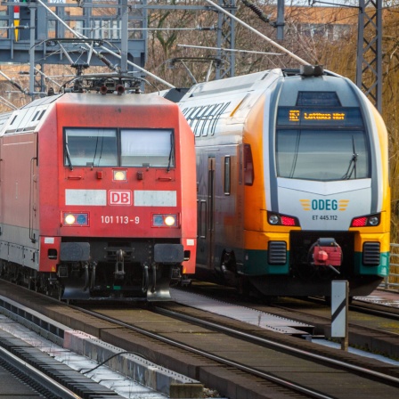 Ein Zug der Deutschen Bahn neben einem Zug der ODEG