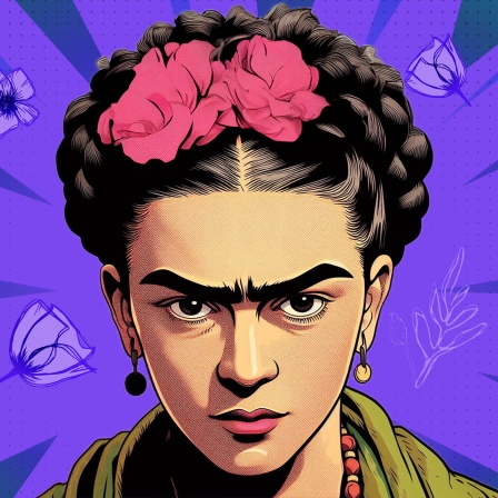 Zeichnung: Frida Kahlo schaut bestimmt, der Hintergrund ist lila.