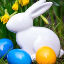Ein weißer Porzellan-Hase mit bemalten Eiern vor gelben Narzissen im Gras