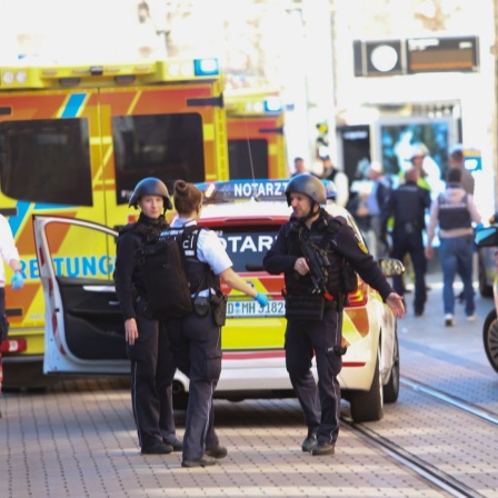 Einsatzfahrzeuge der Polizei und des Rettungsdienstes stehen bei einem Großeinsatz in der Mannheimer Innenstadt. 
