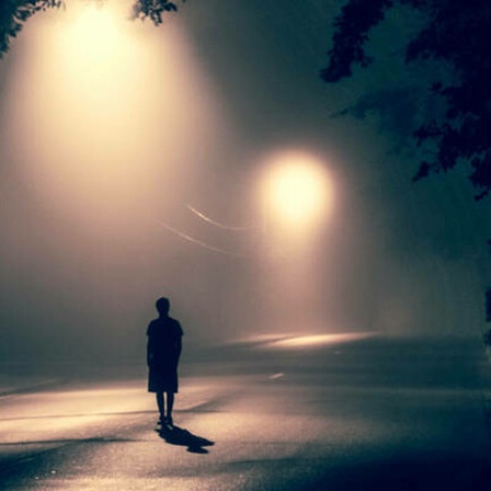 Eine Person läuft nachts alleine auf einer Straße