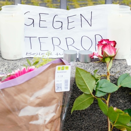 Kerzen, Blumen und ein Blatt Papier mit der Aufschrift "Gegen Terror" stehen am Tatort auf dem Marktplatz in Mannheim. 