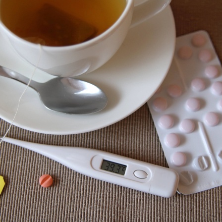 Eine Tasse Tee, ein Fiebertermometer und Tabletten als Symbolbild für Erkältung