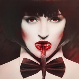 Vampir-Frau mit Blut am Mund.