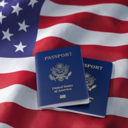 Ein US-Pass auf der Flagge der Vereinigten Staaten