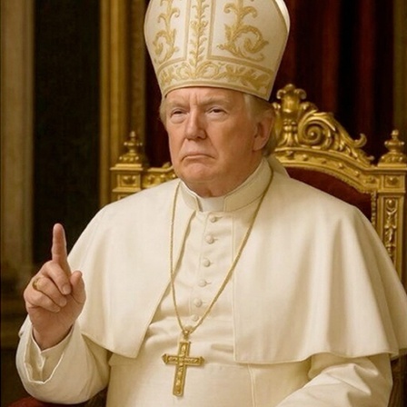 Donald Trump auf einem KI-generierten Bild in der Montur des Papstes und dabei mit Kreuz um den Hals.