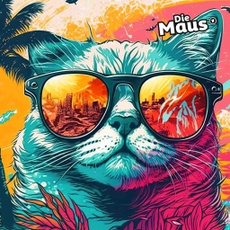 Illustration: Eine Katze mit Sonnenbrille auf einem bunten Hintergrund mit Palmen.