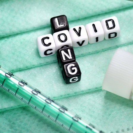 Buchstabenwürfel bilden den Schriftzug Long Covid neben Blutprobe und Coronavirus-Modell