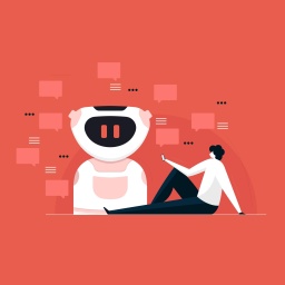 Illustration: Ein Mensch mit Smartphone in der Hand chattet mit einem KI Roboter.