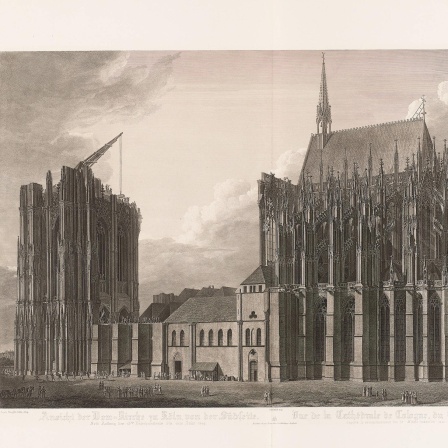 Südansicht des Kölner Doms 1842. Zeitgenössischer Holzstich aus der Sammlung von Sulpiz Boisseree 