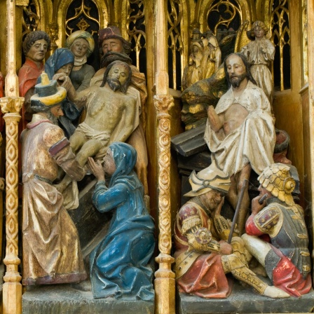 Retabel mit Kreuzigung Christi und Passionsszenen, rechter Fluegel: Kreuzabnahme, Grablegung und Auferstehung. - Flaemisch, um 1476.