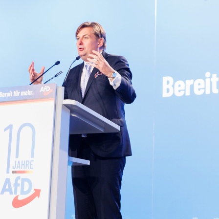 Maximilian Krah jubelt nach der Verkündung des Ergebnisses der Wahl zum AfD-Spitzenkandidat für die Europawahl bei der Europawahlversammlung in der Messe Magdeburg.