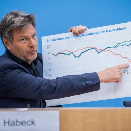 Robert Habeck (Bündnis 90/Die Grünen), Bundesminister für Wirtschaft und Klimaschutz, stellt die Prognose der Bundesregierung zur Entwicklung der Wirtschaftsleistung in diesem und im nächsten Jahr in einer Pressekonferenz vor.