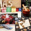 Collage von Weihnachtsgeschenken. Darunter festlich verpackte Päckchen, ein Gewürzmörser, Messerschleifer und Kochbuch.