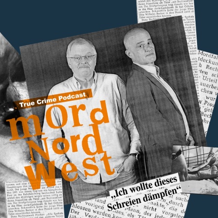 Collage mit Zeitungsausschnitten "Oma-Mörder", Podcast-Hosts und Schriftzug Mord Nordwest