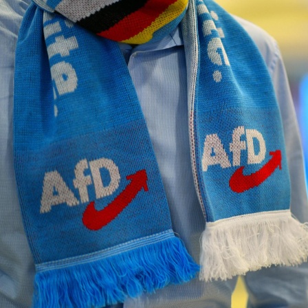 Ein Parteimitglied trägt einen Schal mit dem Schriftzug "AfD" in der Grugahalle beim Parteitags der rechtsextremen Partei Alternative für Deutschland (AfD) in Essen am 30. Juni 2024.  