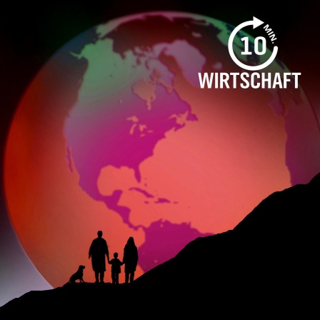 Illustration von zwei Erwachsenen, einem Kind und einem Hund, die die rötlich gefärbte Erde betrachten. 