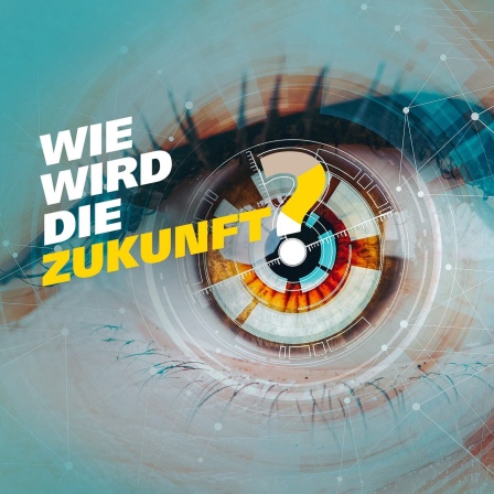 Ein stilisiertes Auge in Nahaufnahme, ergänzt durch technisch anmutende grafische Elemente. Text: Wie wird die Zukunft?