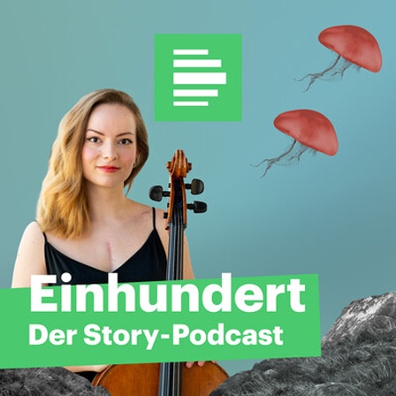 Eine junge Frau in schwarzem Slip-Dress mit offenem blondem Haar schaut direkt in die Kamera. Vor ihr steht ein Cello, auf ihrer Brust ist eine lange, senkrechte Narbe.