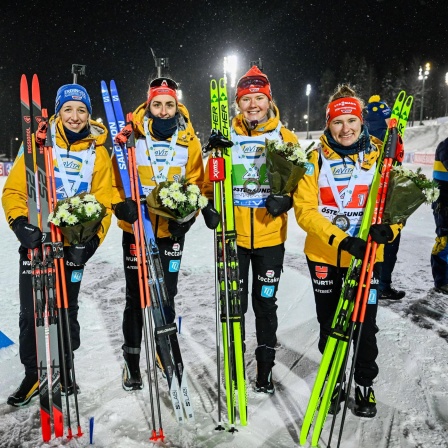 Die deutsche Biathlon Staffel nach ihrem Podestplatz