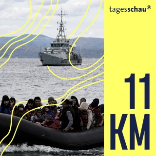 Migranten kommen mit einem Schlauchboot in Begleitung eines Frontex-Schiffs im Dorf Skala Sikaminias auf der griechischen Insel Lesbos an, nachdem sie das Ägäische Meer von der Türkei aus überquert haben.
