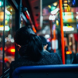 Rückansicht einer Frau, die in einem Bus sitzt - die farbige Beleuchtung der Straßen spiegelt sich in den Fenstern.