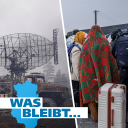 Collage aus zwei Bildern. Links ein zerstörter Militär-Lkw in der Ukraine, rechts Flüchtende an einer Grenzstation.