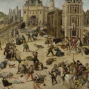 Das Blutbad der Bartholomäusnacht, Gemälde von François Dubois, um 1584, war ein Pogrom an französischen Protestanten, den Hugenotten, das in der Nacht vom 23. zum 24. August 1572