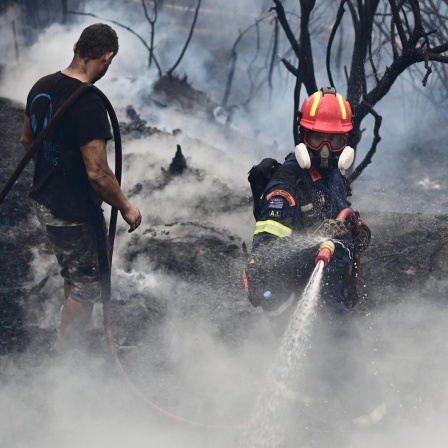 Löscharbeiten bei einem Waldbrand in Stamata, einem nördlichen Vorort von Athen in Griechenland, 2023.