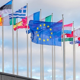 Wehende Flaggen vor dem Louise Weiss Gebäude in der 1 Allée du Printemps, in dem das EU-Parlament tagt.