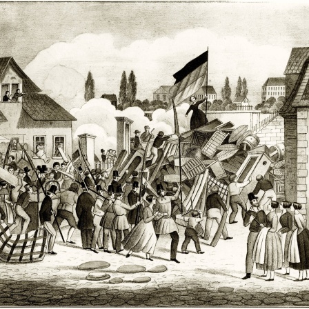 Revolution 1848/49 in Baden: Errichtung und Vertheidigung einer Barrikade an der Rheinbrücke zu Mannheim am 26. April 1848. Kreidelithographie / Neuruppiner Bilderbogen