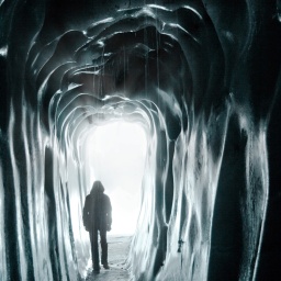 Ein junger Mann mit Kapuze von hinten. Er läuft durch einen Tunnel dem Licht entgegen. Um ihn herum ist enges Gewölbe, das feucht glänzt.