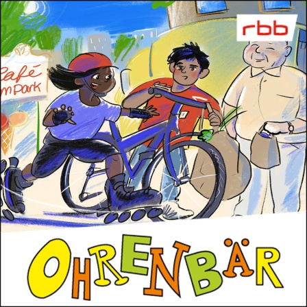 Bunte Zeichnung: Lilly mit Helm und Rollerblades rast an Amir mit seinem Fahrrad und dem lächelnden Opa Silber vorbei (rbb/OHRENBAER/Stephanie Brittnacher)