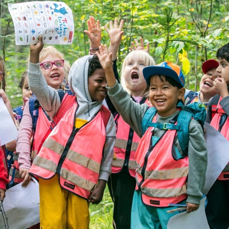 Eine Gruppe Kindergartenkinder spielen im Wald
