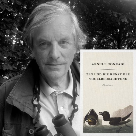 Zu sehen  ist der Autor Arnulf Conradi und das Cover seines Buches "Zen und die Kunst der Vogelbeobachtung".