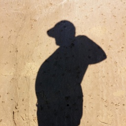 Schatten eines dicken Mannes am Sandstrand.