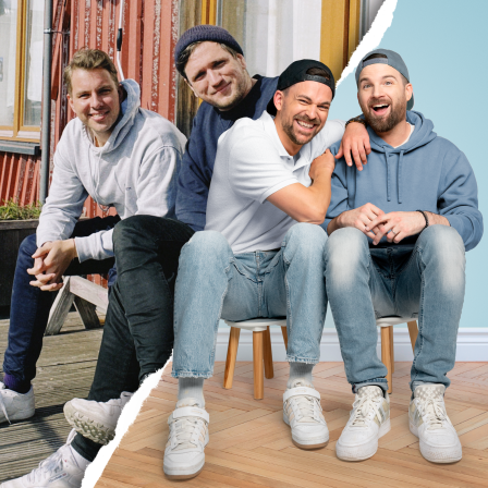 Eine diagonale, gezackte Linie trennt das Bild. Auf der linken Seite sitzen Hannes und Niclas. Auf der rechten Seite sitzen die Bromance Daddys lässig auf Stühlen, gekleidet in sportlich-legere Outfits aus Jeans und T-Shirt oder Hoodie. 