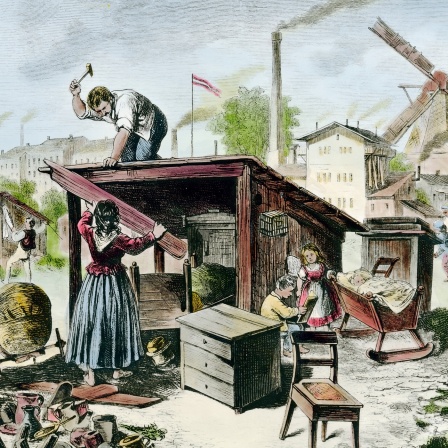 Die Baracken der Obdachlosen in Berlin, Holzstich, 1872