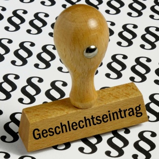 Symbolbild: Ein Stempel mit der Aufschrift "Geschlechtseintrag" auf Paragraphen-Zeichen.